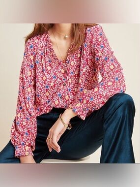 Maeve by Anthropologie Marisol Ruffle Oversized Peasant Blouse Red Rouge Size 16